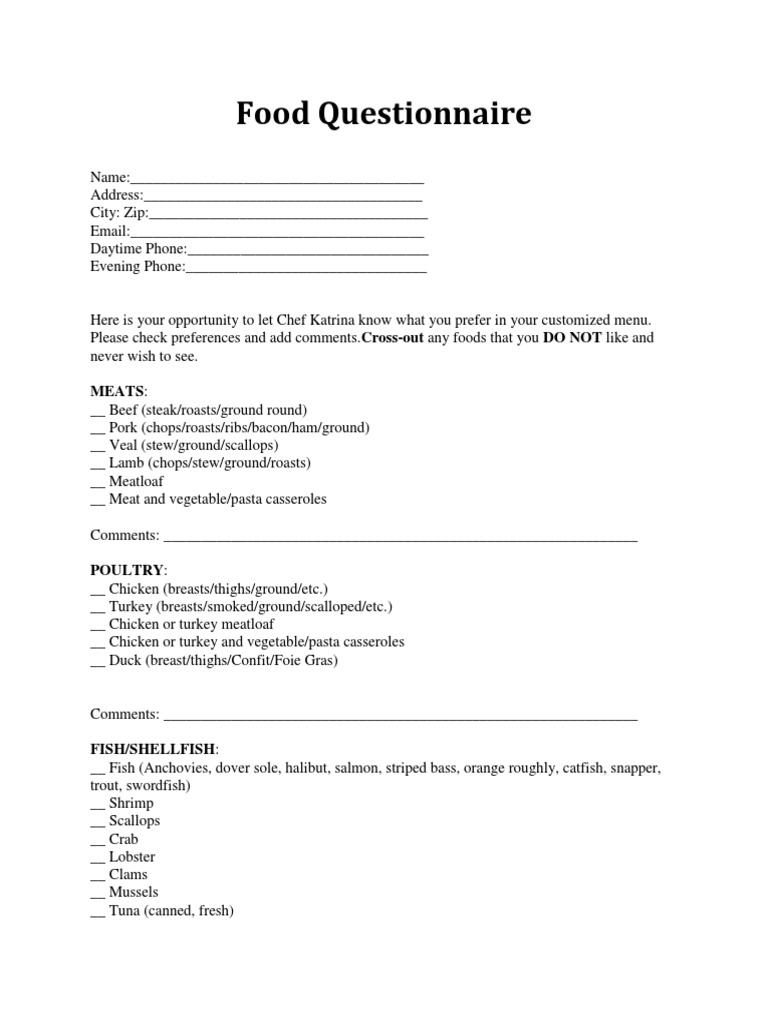 Food Questionnaire Examples , Food Surveys – YFTST