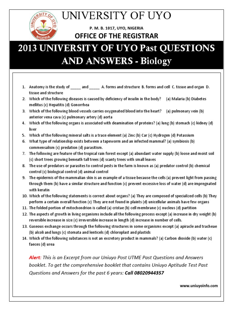 Uniuyo Biology Post UTME Questions | PDF