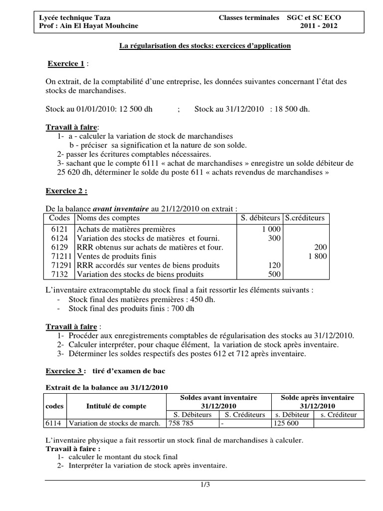 Régularisation Des Charges Et Produits Exercices Corrigés Pdf