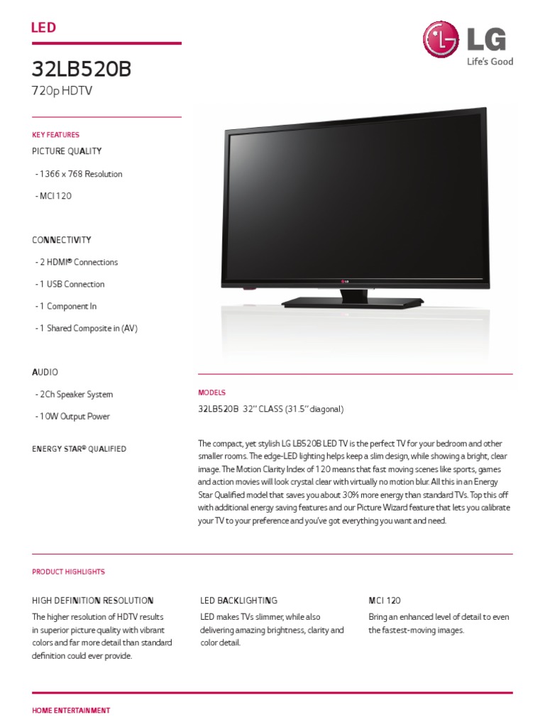 32LB520B Spec Sheet Display Resolution Television