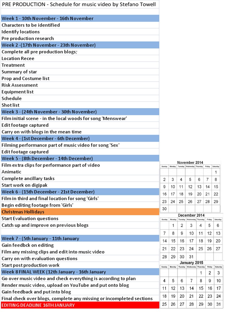 Music Video Pre-Production Schedule | PDF