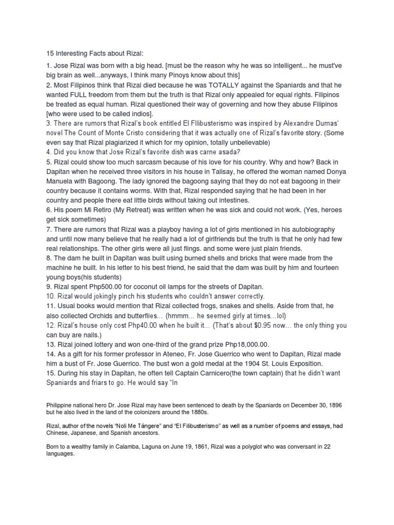 15 Interesting Facts About Rizal PDF Madrid Philippines
