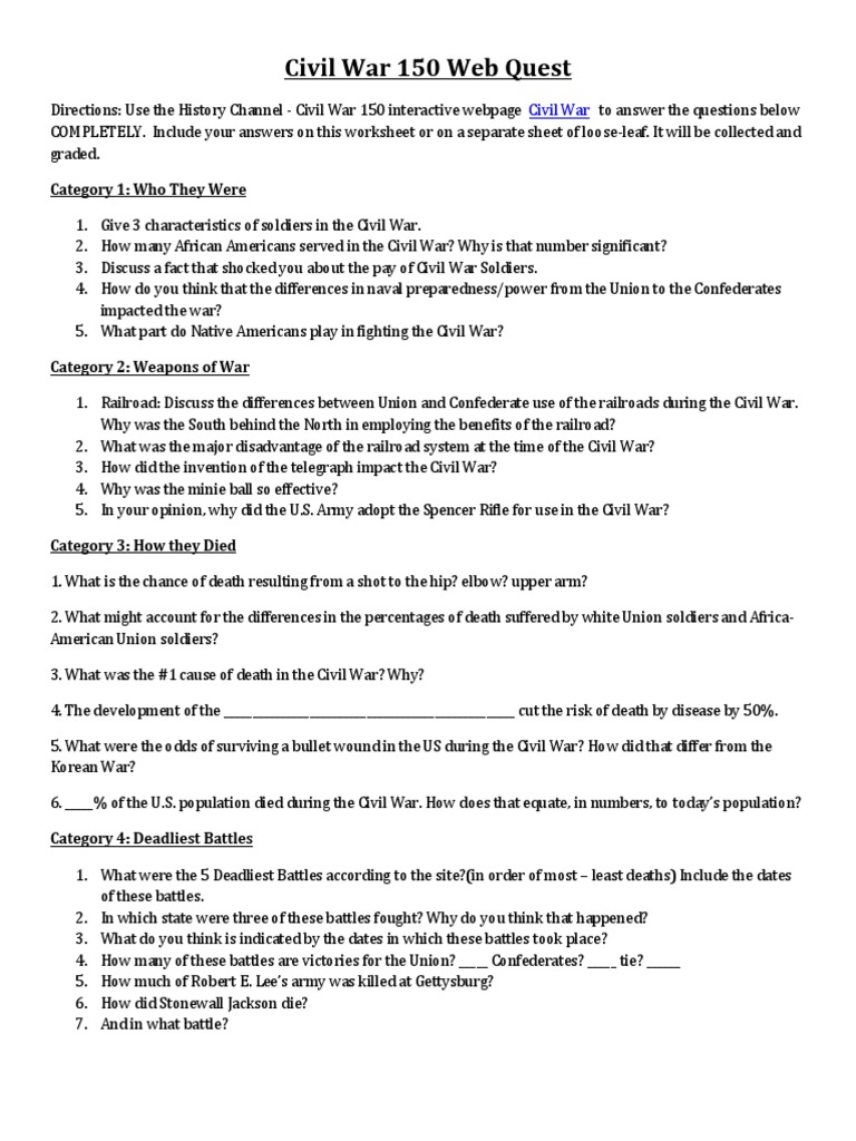 Worksheets Causes Of The Civil War Worksheet civil war 150 webquest american union war