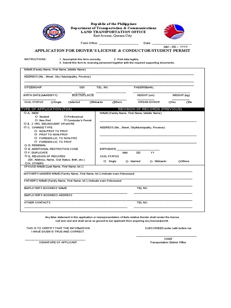 LTO Drivers License and Conductor Student Permit Application Form PDF | PDF