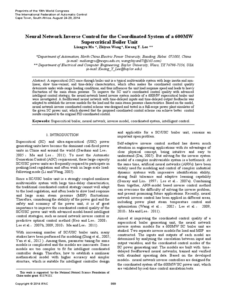 Neural Network Inverse Control For The Coordinated System of A 600MW ...
