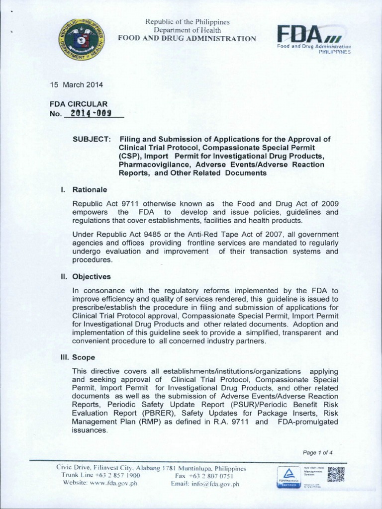 FDA Circular 2014-009 - Filling and Submision of Application For The ...