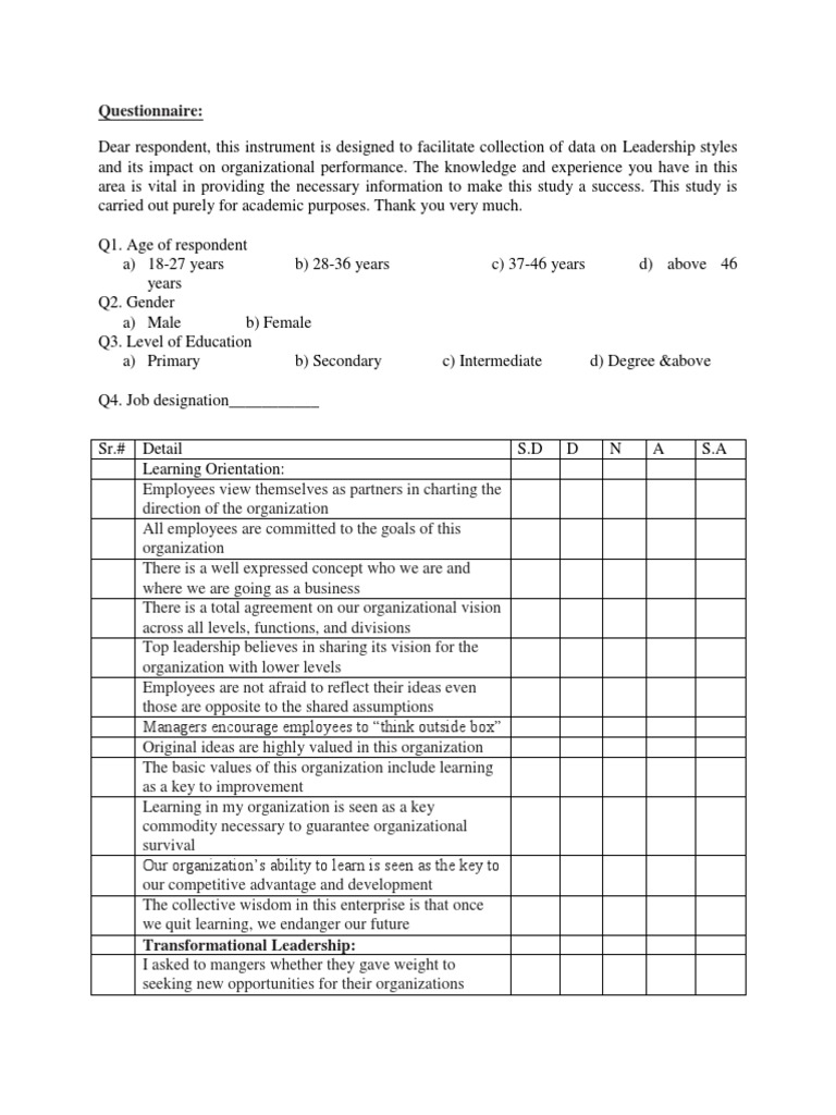 AOB Questionnaire | PDF | Leadership | Employment
