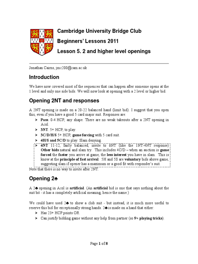 Cambridge University Bridge Club Beginners' Lessons 2011 Lesson 5. 2 ...