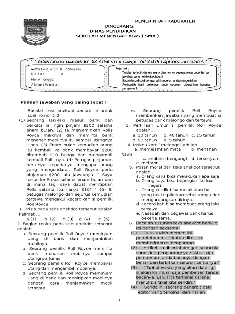 soal bahasa indonesia kelas x semester 1