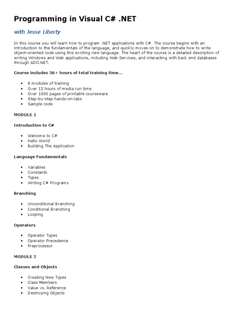 Visual C# .NET Programming Course | PDF | Object (Computer Science) | C ...