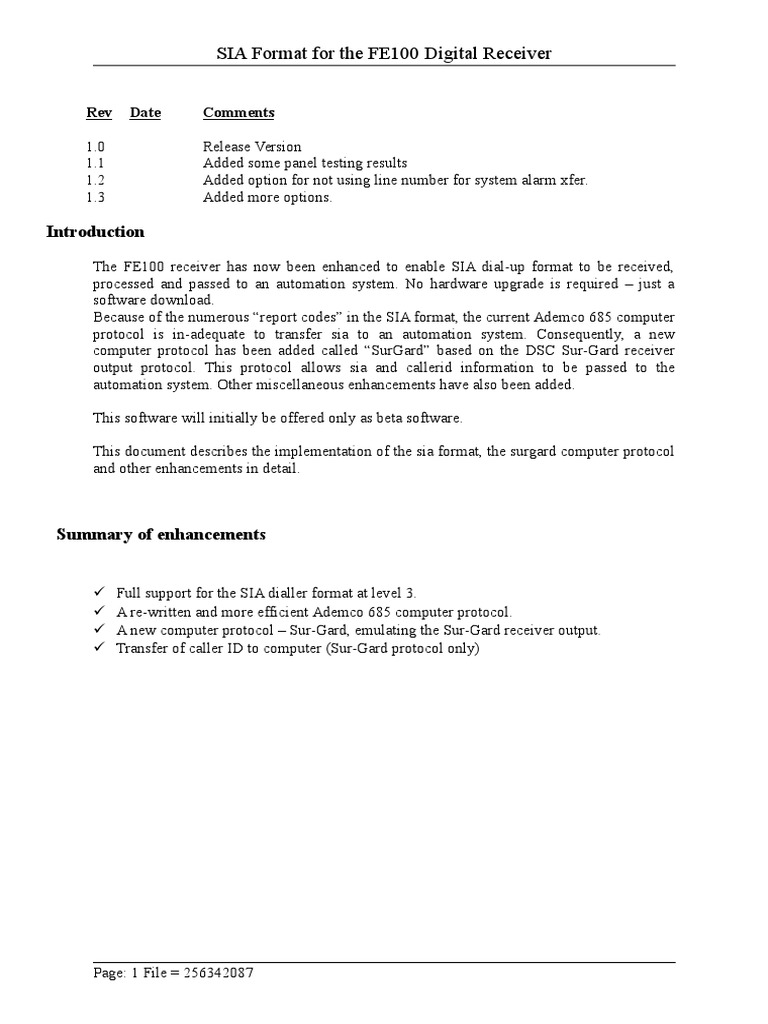 SIA Format For The FE100 Digital Receiver: Rev Date Comments | PDF ...