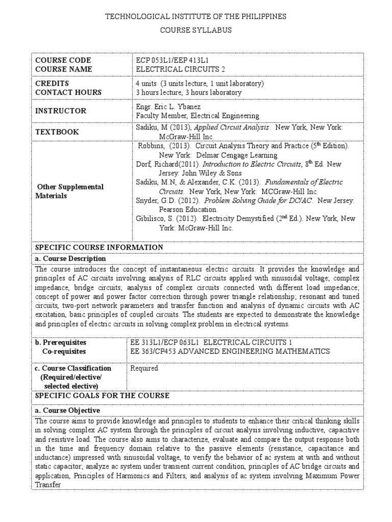 Electrical Circuits 2 Course Syllabus | PDF | Electrical Impedance ...