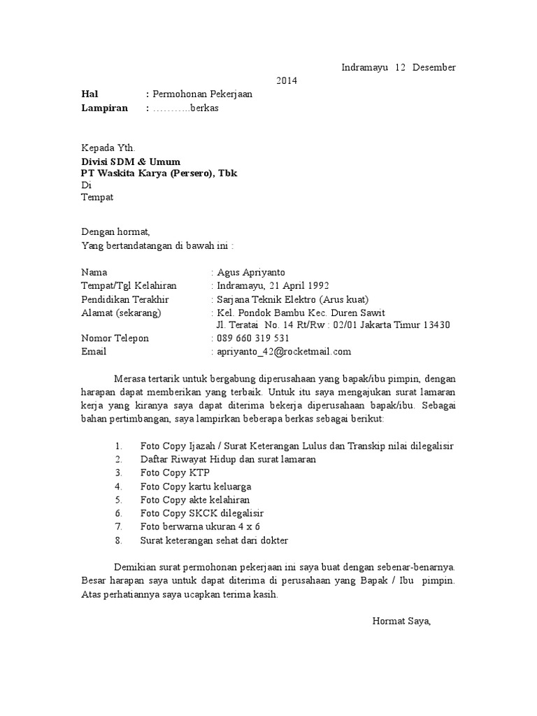 Contoh Surat Lamaran Kerja Pt Waskita Karya Berbagi