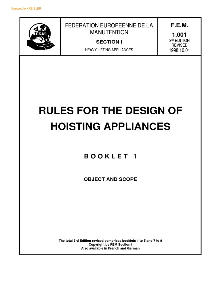 Fem Rules For The Design of Hoisting Appliances 1.001, 10011998