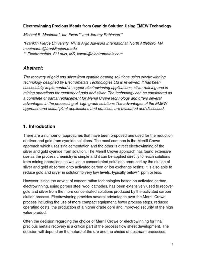EMEW Electrowinning for Precious Metals | PDF | Silver | Cathode