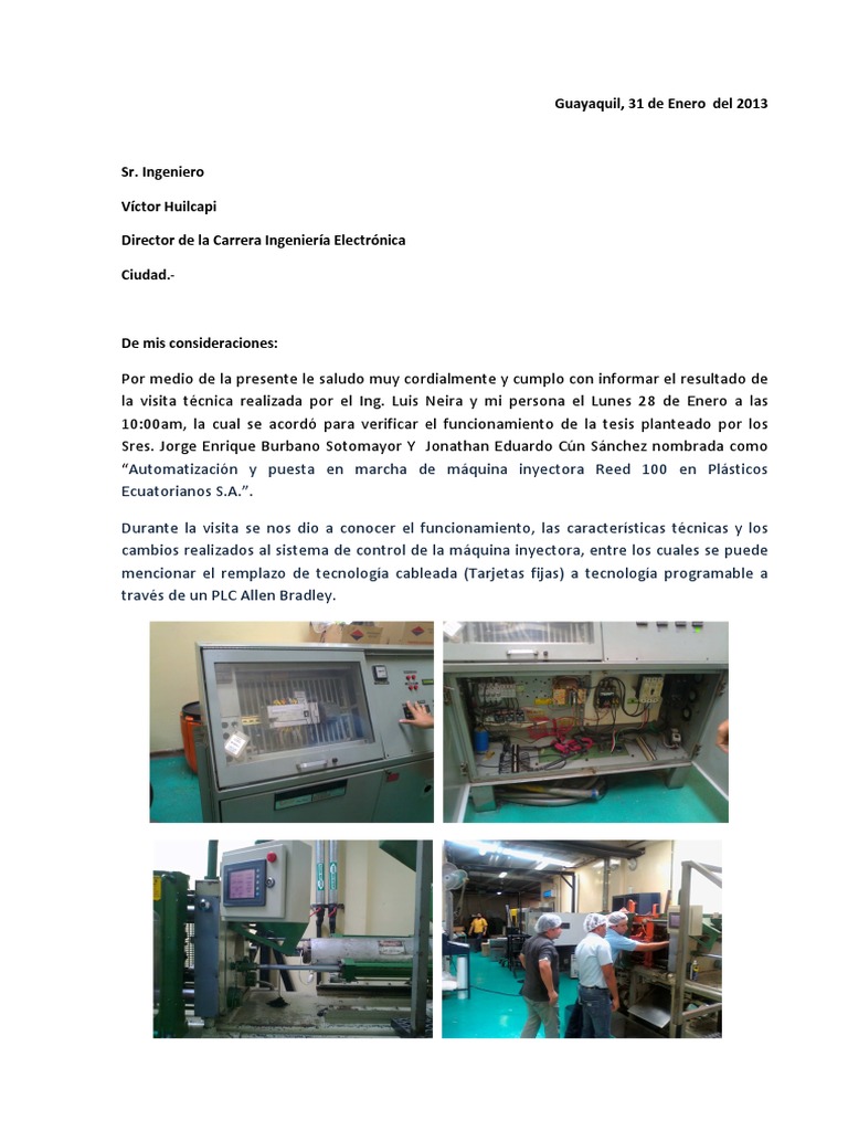 Informe Visita Técnica Tesis Inyectora Reed 100 | PDF | Automatización ...
