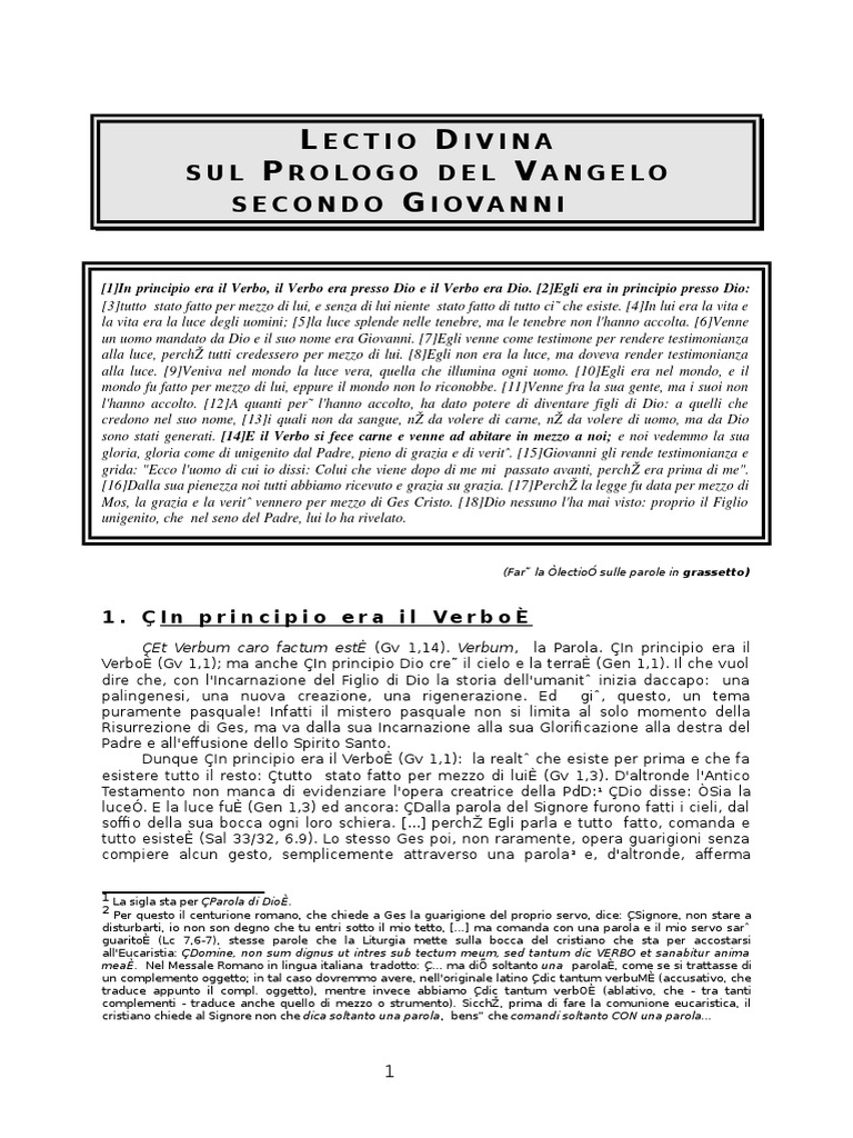 Lectio Divina Sul Prologo Di Giovanni