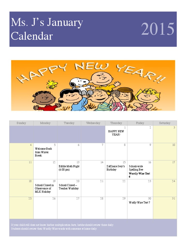 January School Events Calendar 2015 | PDF