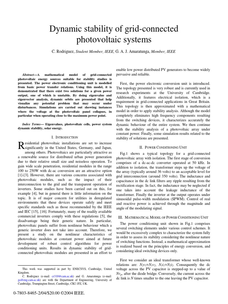 Dynamic Stability of Grid Connected Photovoltaic Systems | PDF ...
