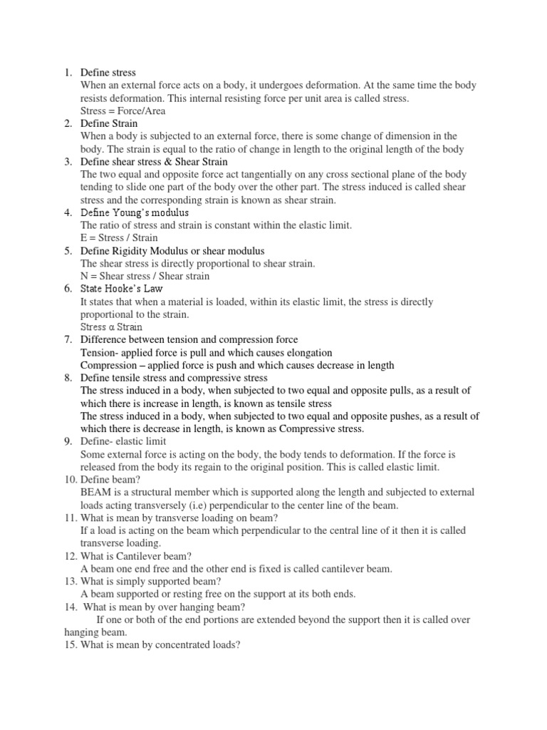 Viva Questions PDF Deformation (Mechanics) Young's Modulus