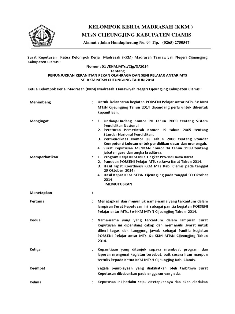 Contoh Sk Kegiatan Ekstrakurikuler Madrasah Guru Paud