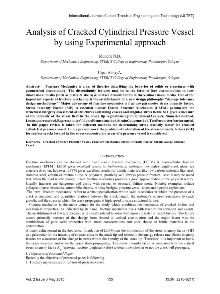 Analysis of Cracked Cylindrical Pressure Vessel by Using Experimental ...