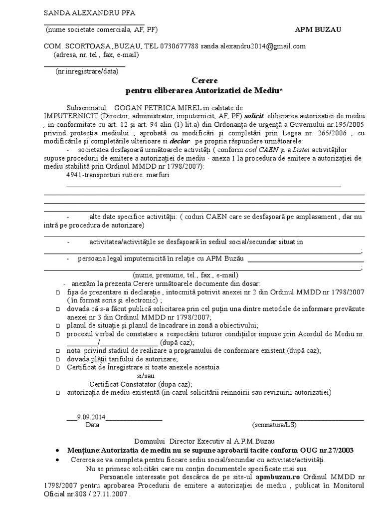 Cerere Pentru Eliberarea Autorizatiei De Mediu