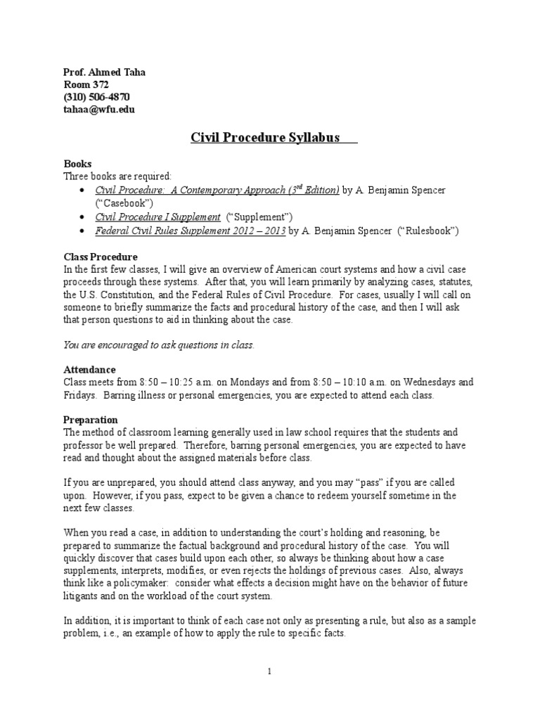 Civ Pro 1st Half Syllabus PDF Supplemental Jurisdiction Amount In