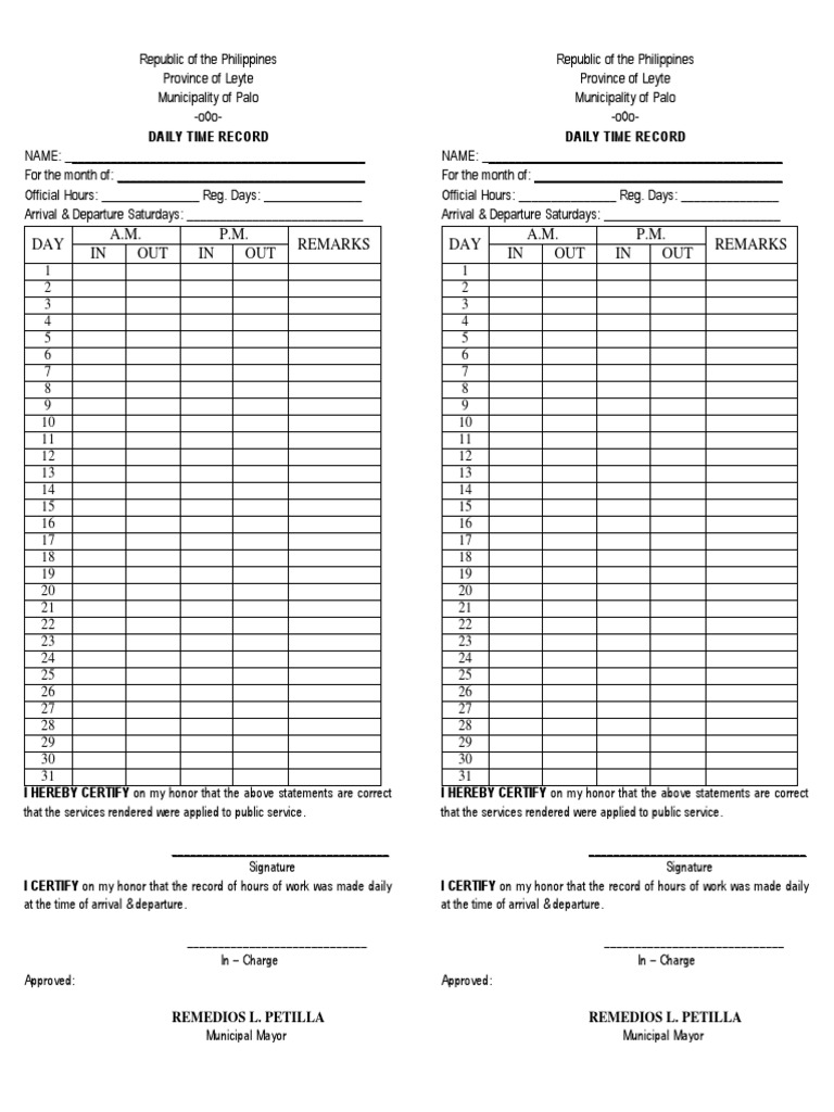 Daily Time Record Daily Time Record: DAY A.M. P.M. Remarks IN OUT IN ...