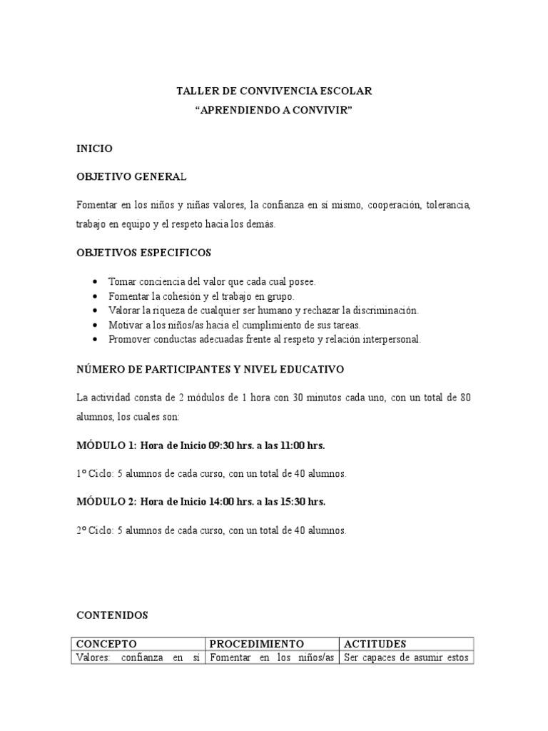Taller de Convivencia Escolar | PDF | Comportamiento | Cognición