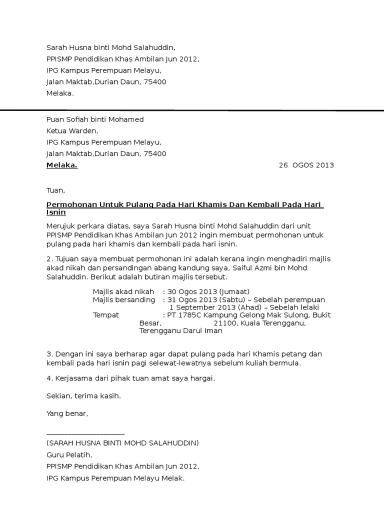 Contoh Surat Rasmi Bagi Peminjaman Barang Barang