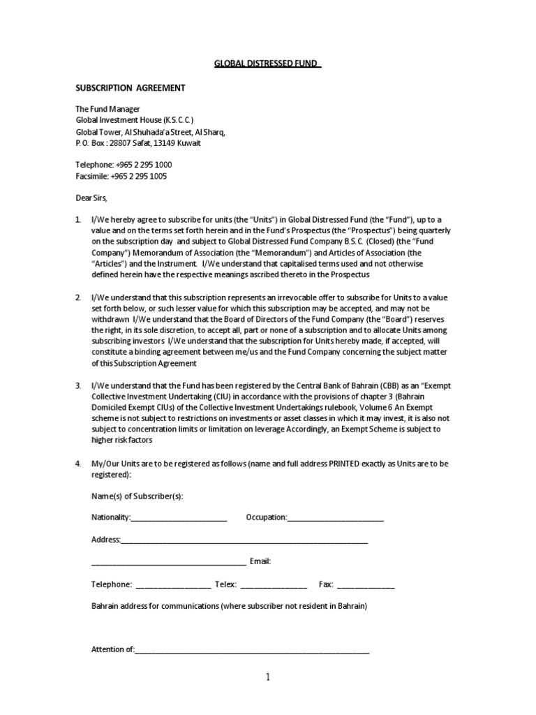 Global Distressed Fund Subscription Agreement PDF Investment