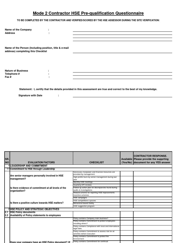 Mode 2 Contract Prequalification Pre Qualification Questionaire To Be ...