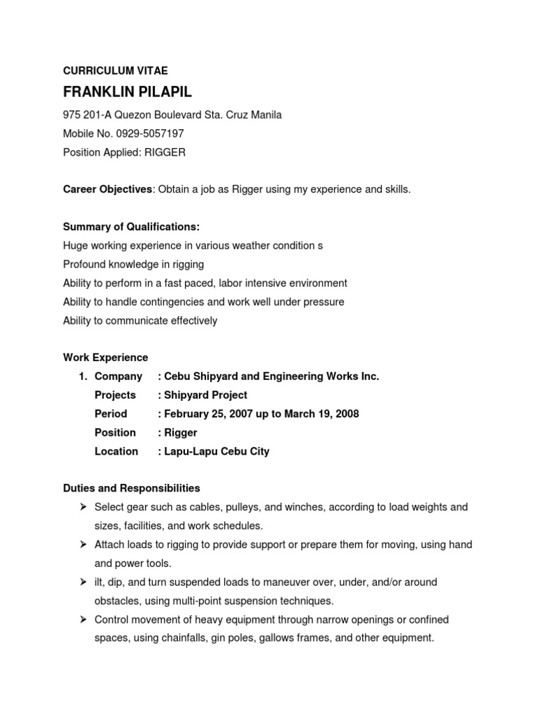Resume Rigger With Job Description PDF Crane (Machine) Ships