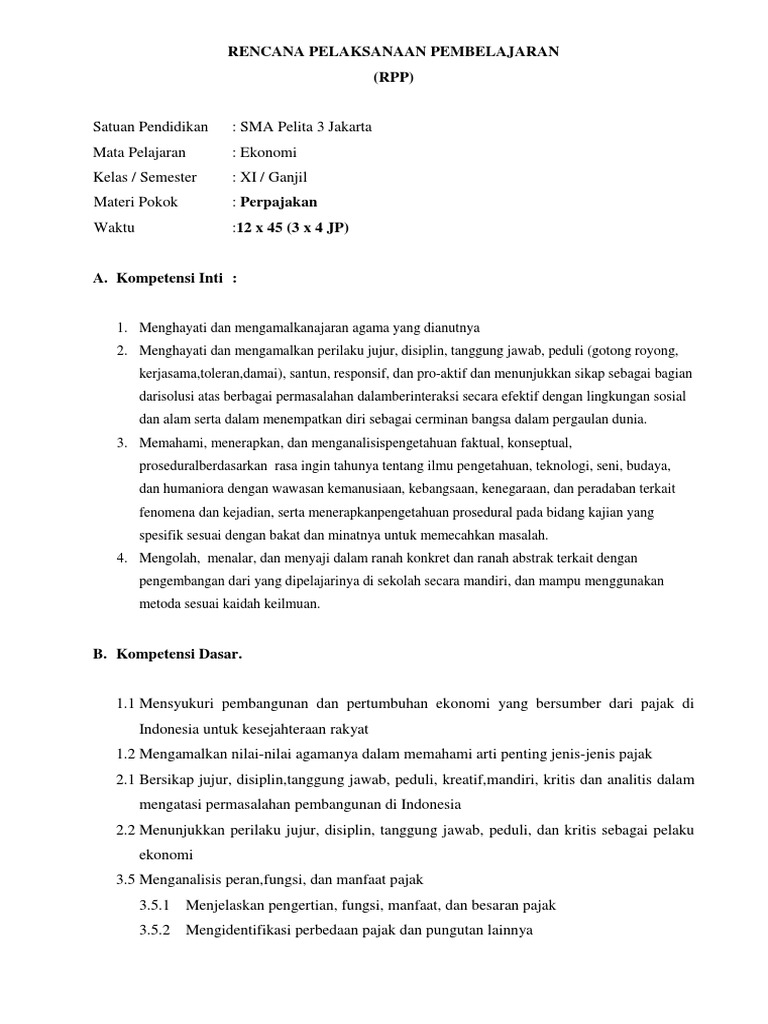 Rpp Ekonomi 2014 Perpajakan Sma Kls Xi