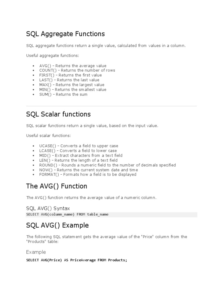SQL Aggregate and Scalar Functions Guide | PDF | Sql | Table (Database)