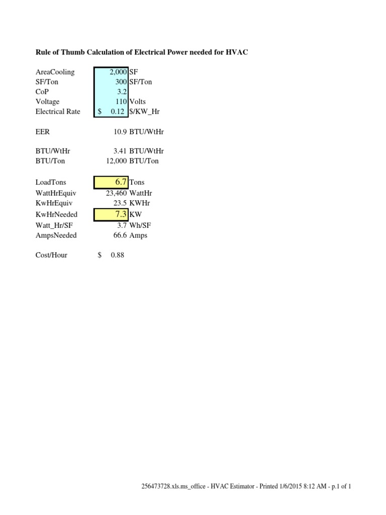 HVAC Rule of Thumb Electrical Load