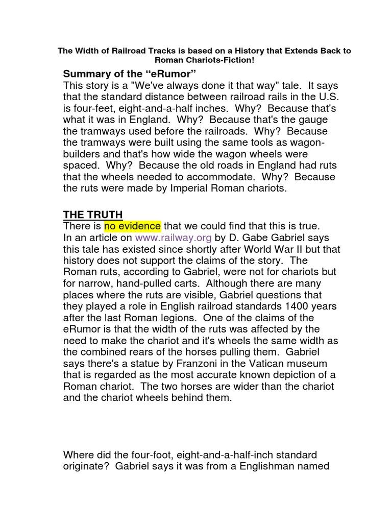 Summary of The "Erumor" The Width of Railroad Tracks Is Based On A