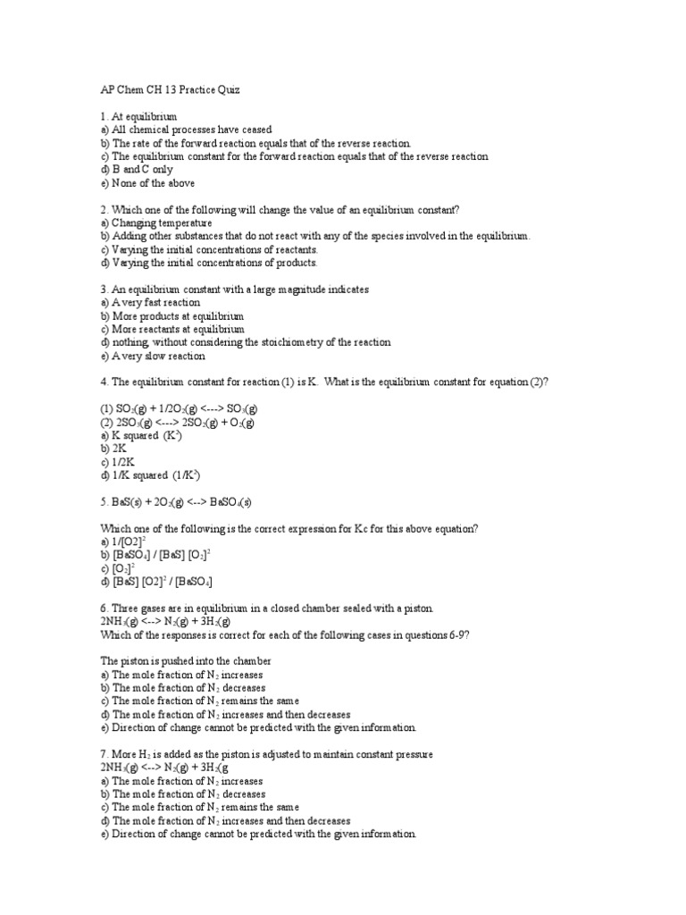 AP Chem CH 13 Practice Quiz Chemical Equilibrium Chemical Reactions