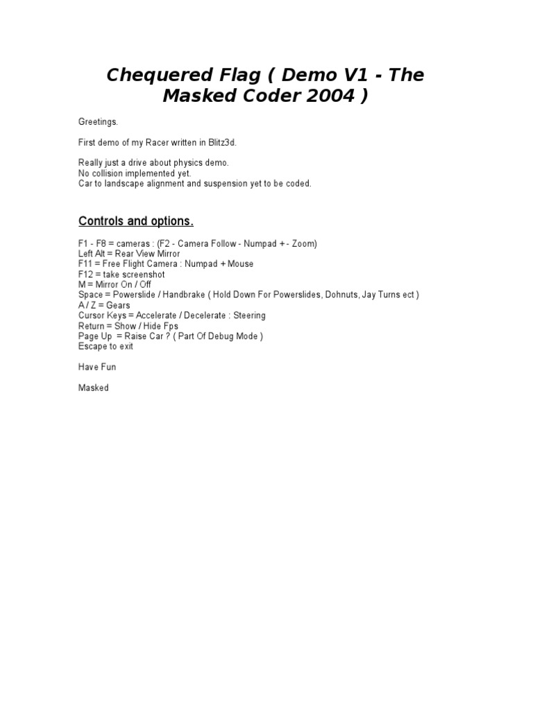 Chequered Flag (Demo V1 - The Masked Coder 2004) : Controls and Options ...