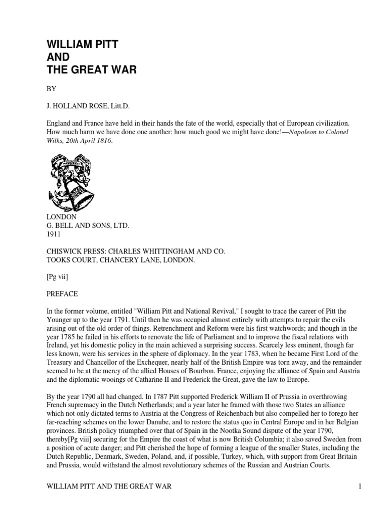 William Pitt And The Great War By Rose John Holland 1855 1942 William Pitt And The Great War By Rose John Holland 1855 1942