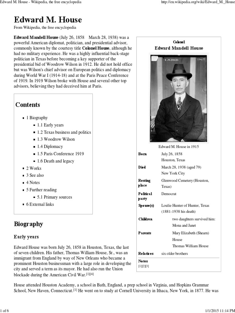 Edward M. House - Woodrow Wilson's Adviser | PDF | International ...