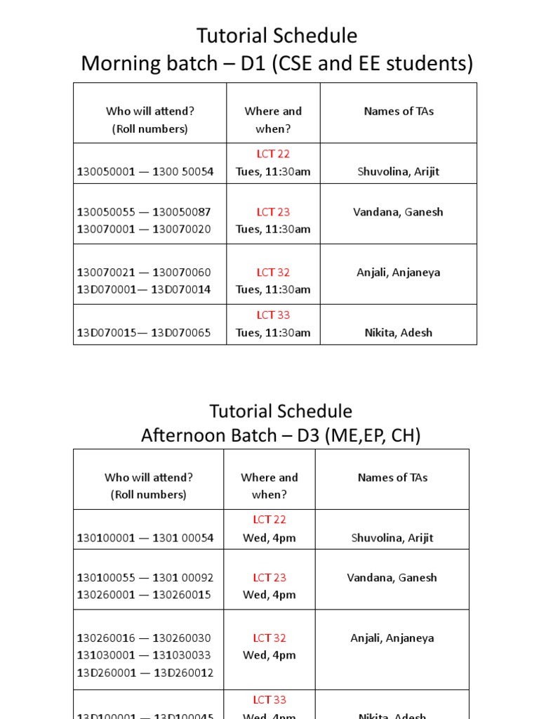 Tutorial Schedule MCB Feb 14,2014 | PDF | Teaching Methods & Materials