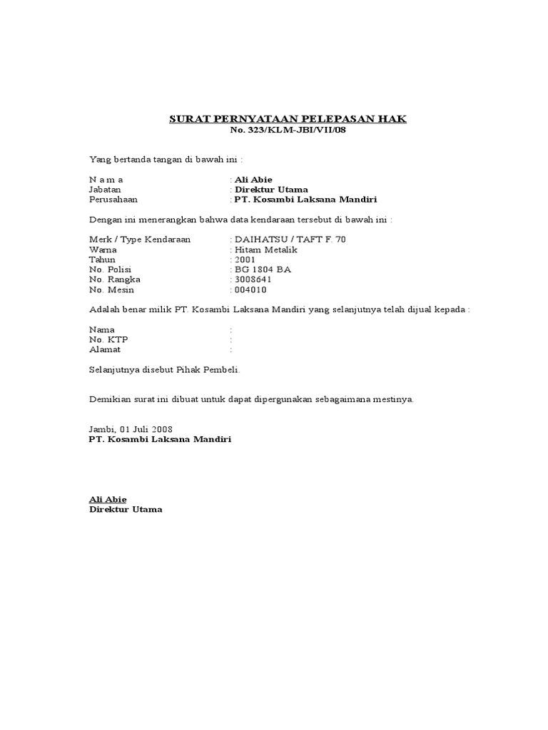 Surat Pelepasan Kendaraan