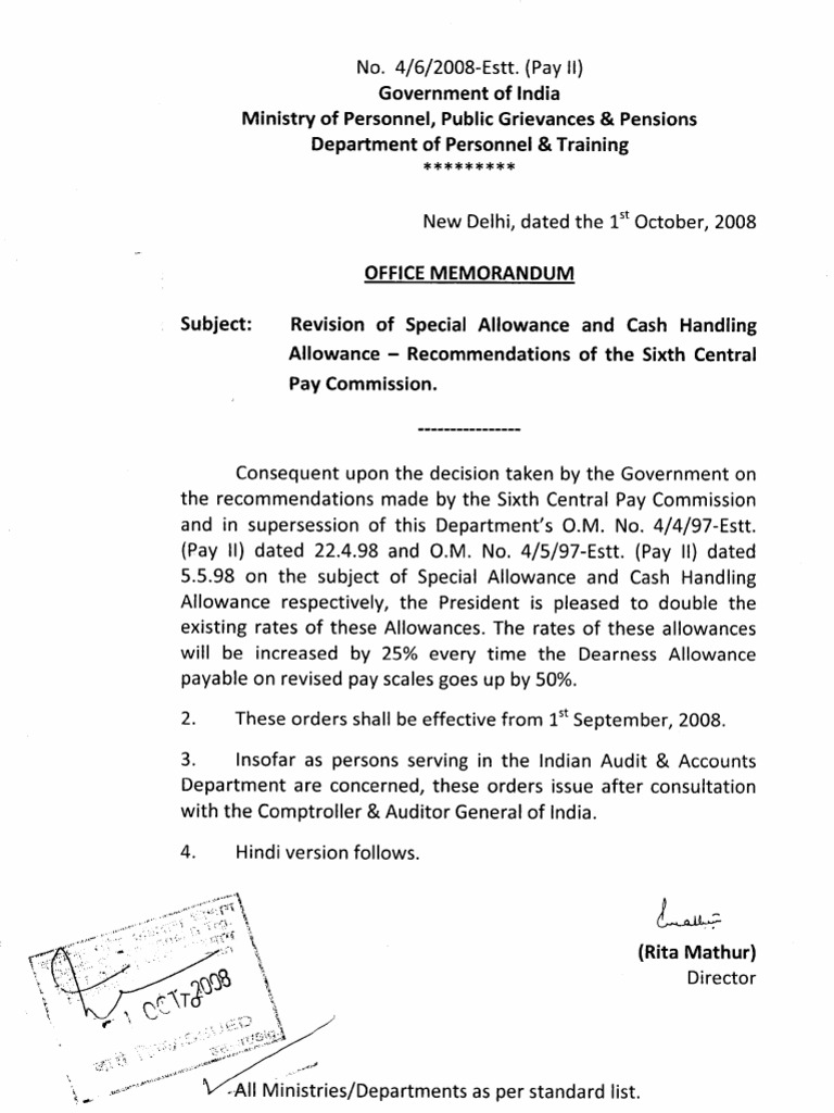 Cash Handling Allowance PDF Government Of India Politics Of India