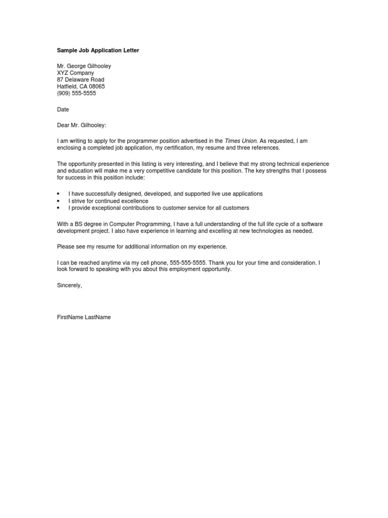 example of resume and application letter