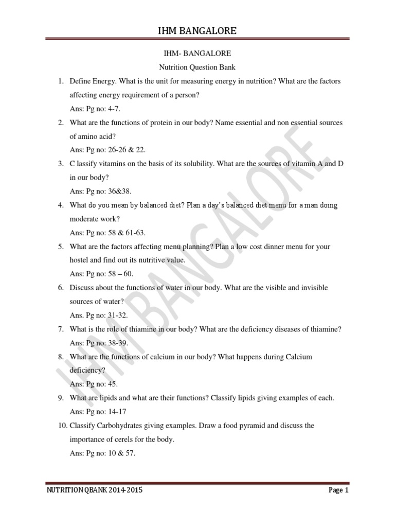 Nutrition Question Bank PDF Vitamin Nutrition