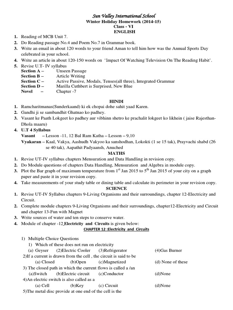 Holiday Homework of Class Vi | PDF | Electric Current | Electricity