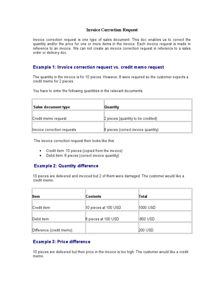 Example 1 Invoice Correction Request vs. Credit Memo Request PDF