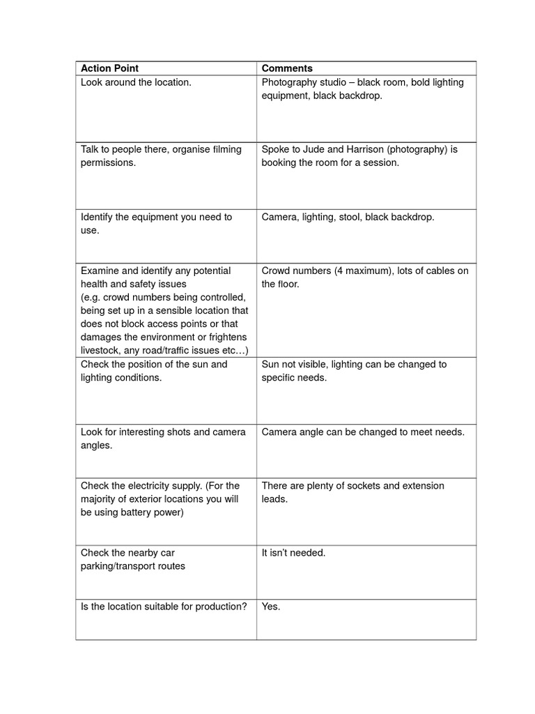 Location Recce Checklist for Shoot | PDF